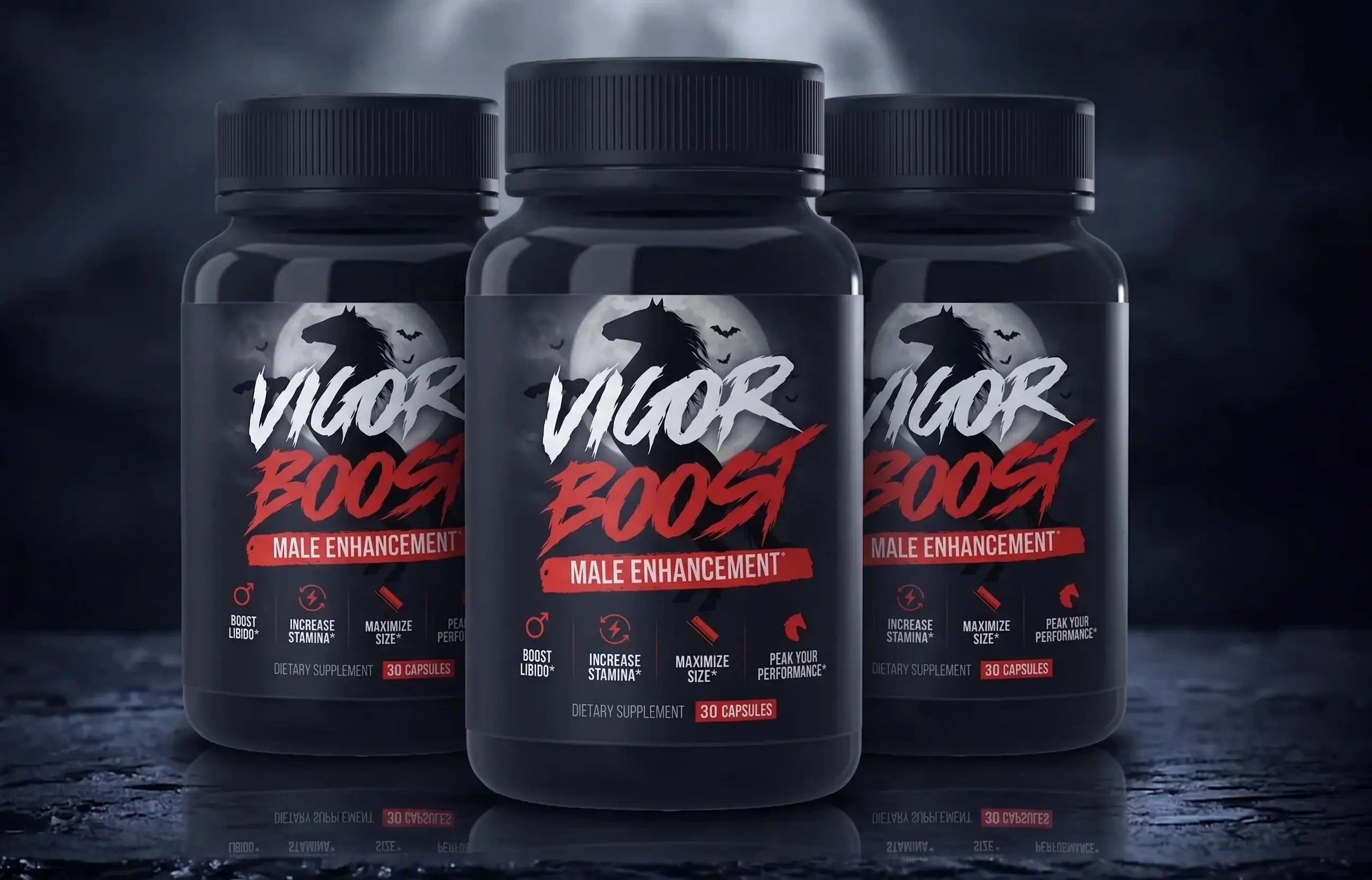 Three jars of Vigor Boost on wet slate under moonlight